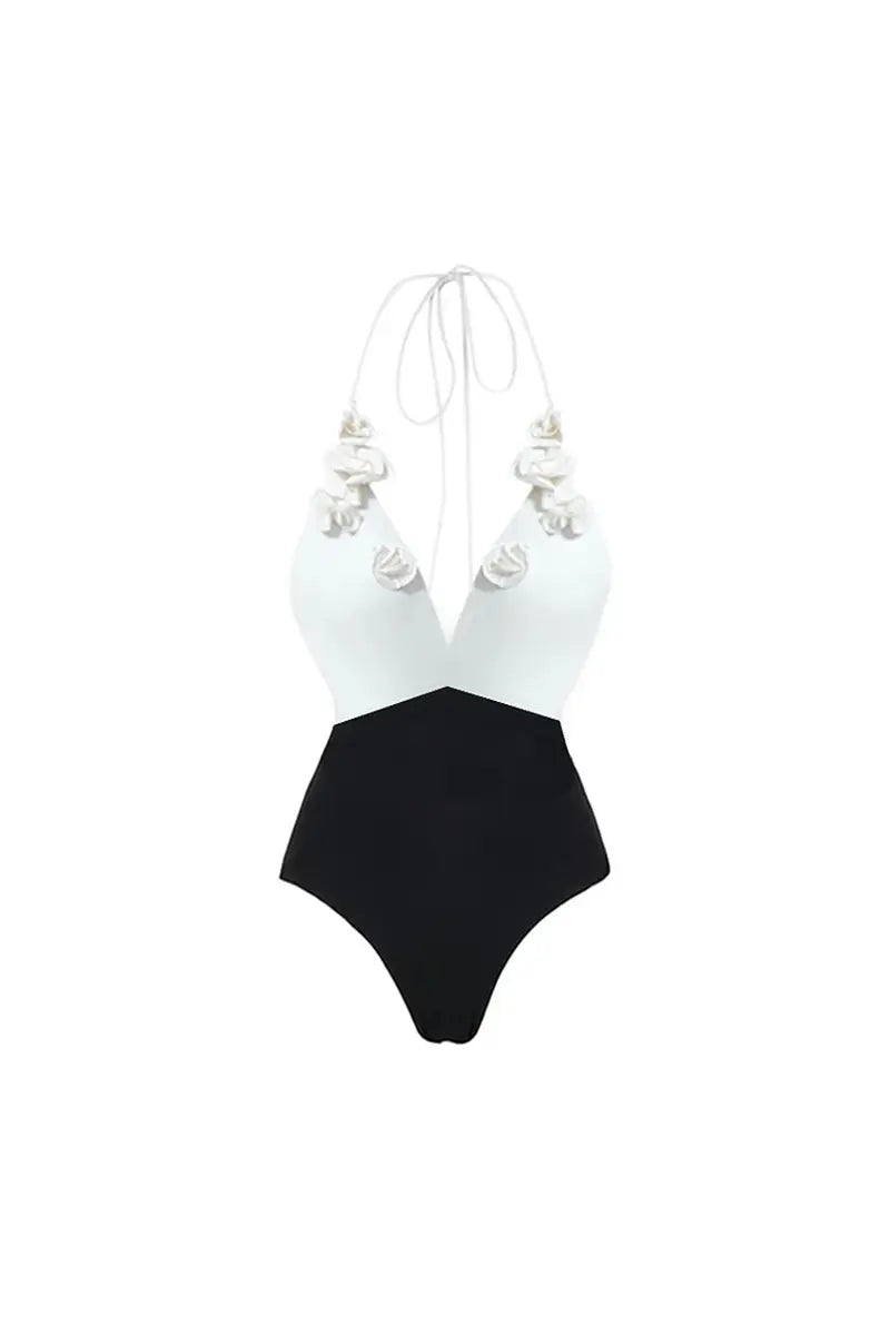Halter Solid Color Floral Embellished Swimsuit