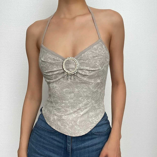 Halter buckle v neck backless ruched abstract contrast top