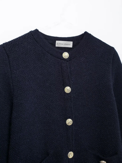 Gold Decorated Row Button Short Knitted Cardigan