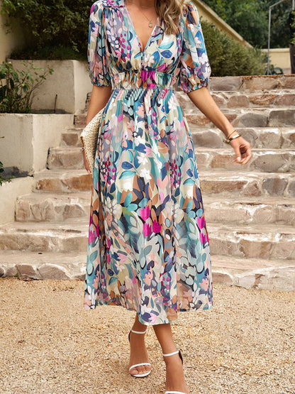 Floral Short Sleeve V-neck Vacation And Leisure Maxi Dresses