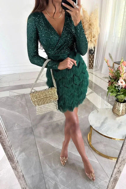 Sequin Wrap V Neck Long Sleeve Tiered Fringe Chevron Mini Dress