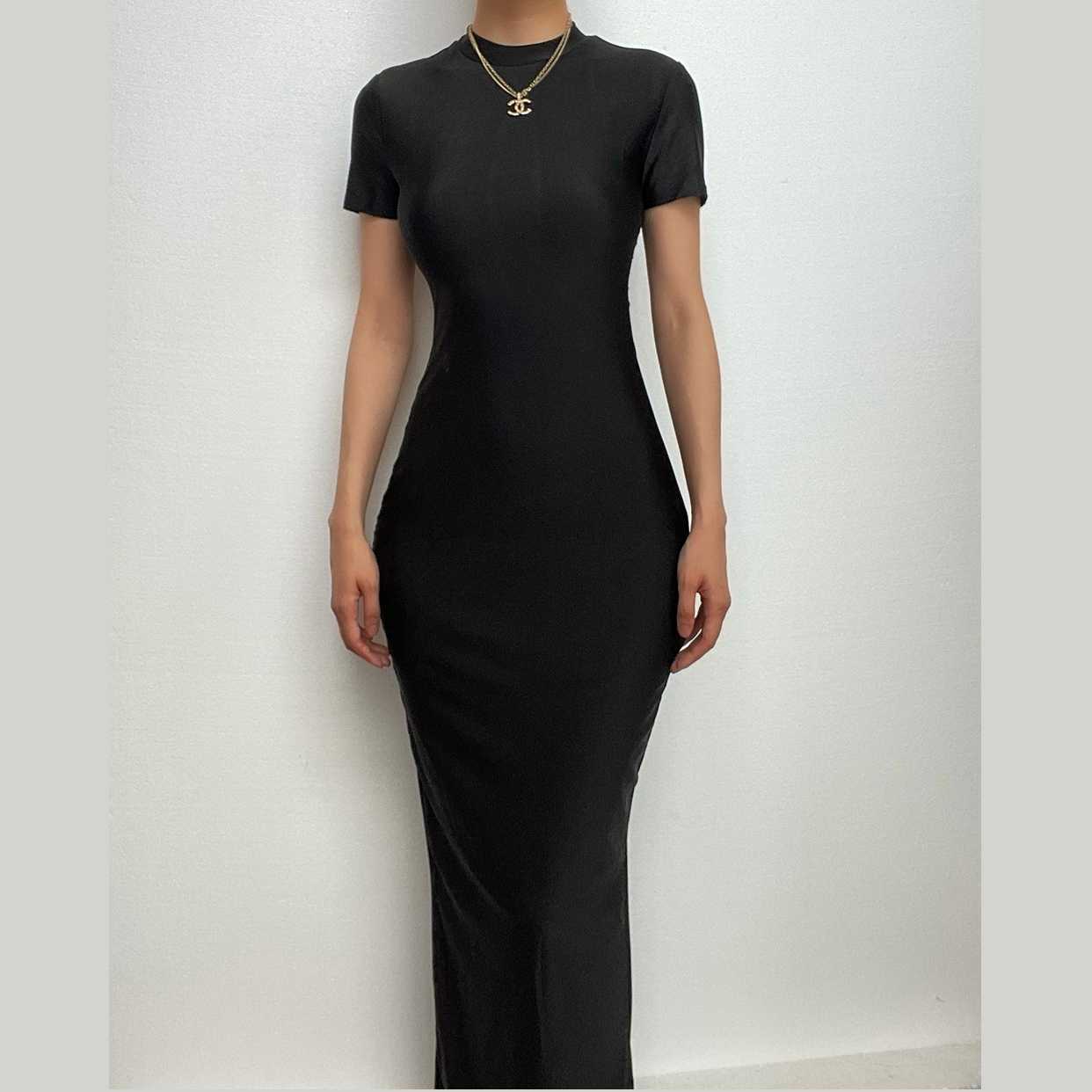 Short sleeve high neck slit solid maxi dress-final-sale