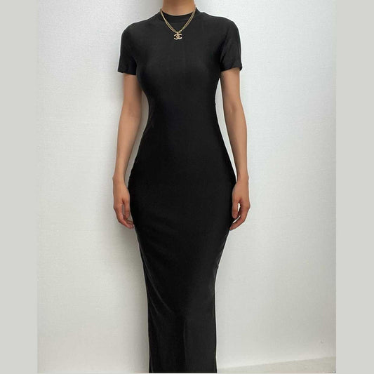 Short sleeve high neck slit solid maxi dress-final-sale