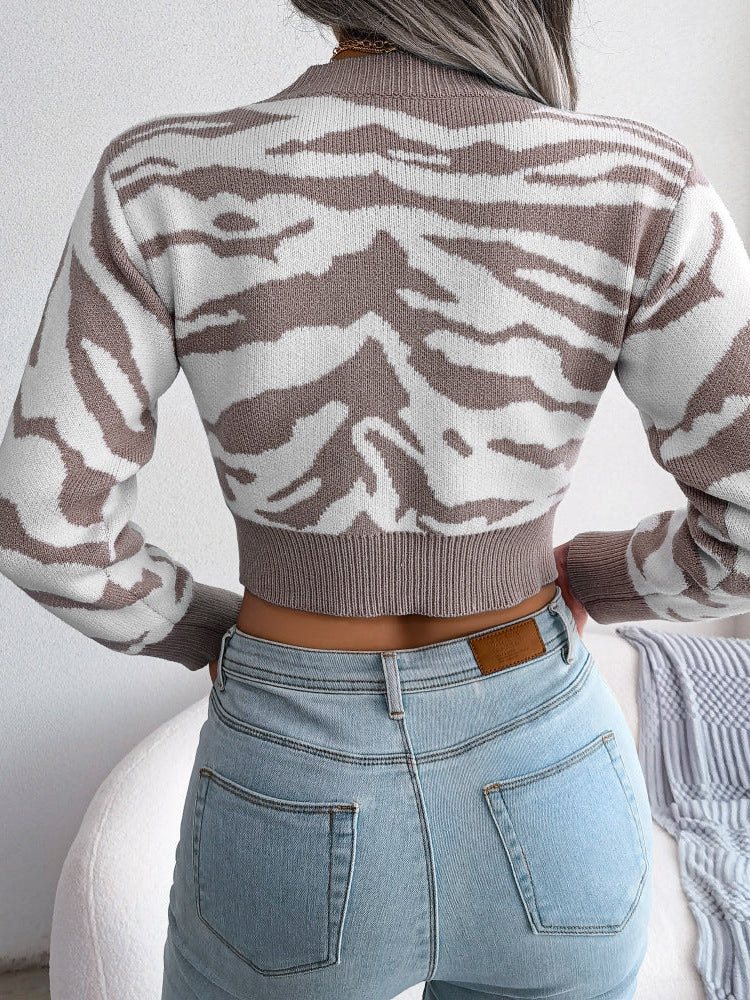 Tiger Print Long Sleeves Cropped Sweater