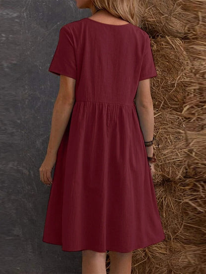 Retro Loose-fitting Pocket Solid Color Round Neck Cotton Linen Short Dress