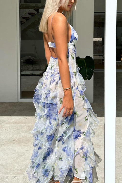 Cut Out Backless Frill Trim Slit Floral Print Maxi Cami Dress