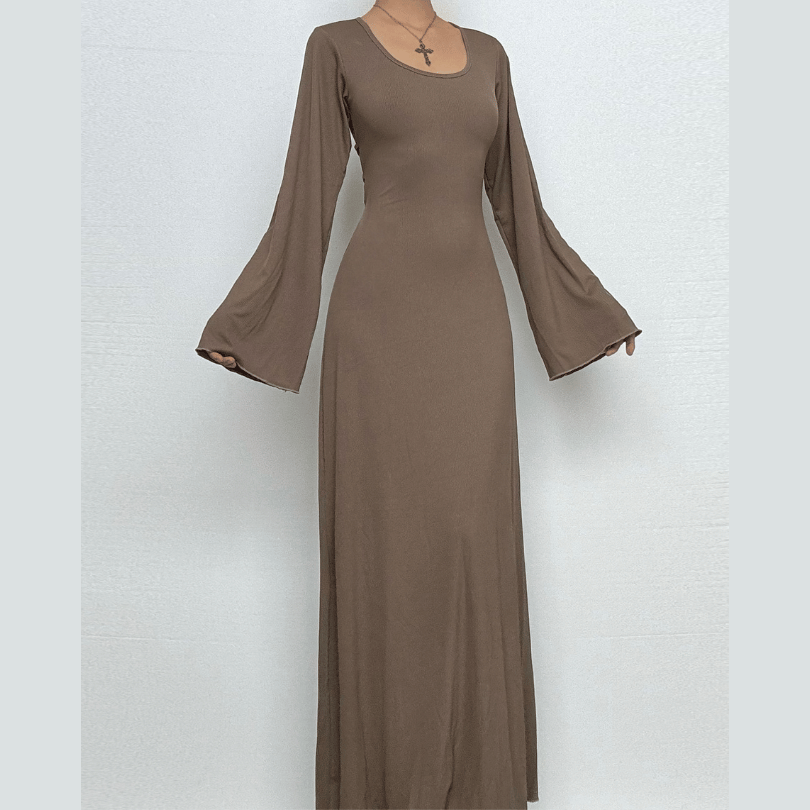Long sleeve u neck ribbed solid maxi dress