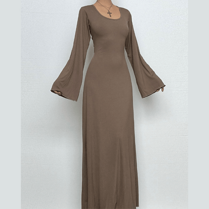 Long sleeve u neck ribbed solid maxi dress