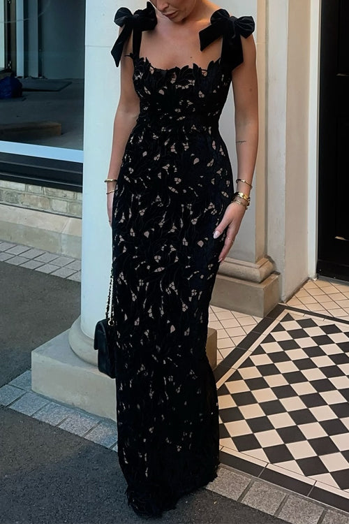 Bow Shoulder Lace Hollow Out Bodycon Maxi Cami Dress