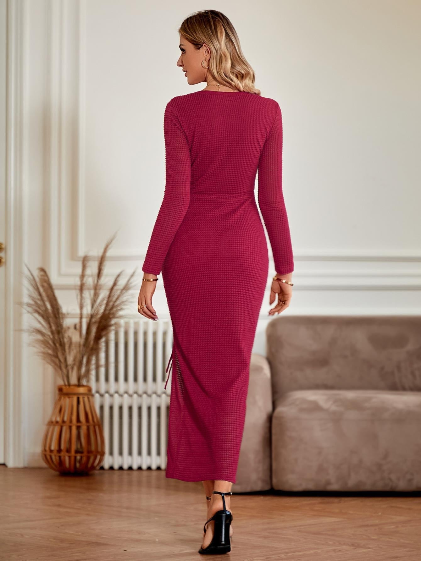 U Neck Split Drawstring Full Sleeve Dress