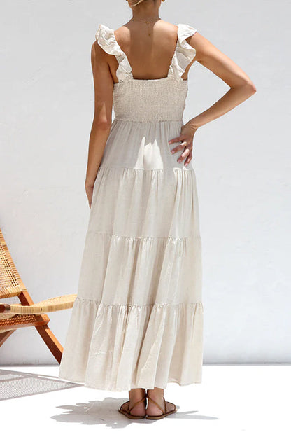 Plunging V-Neck Ruffle Strap Tiered Empire Waist Maxi Dress
