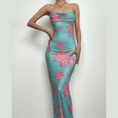 Flower print self tie cowl neck backless cami maxi dress-final-sale