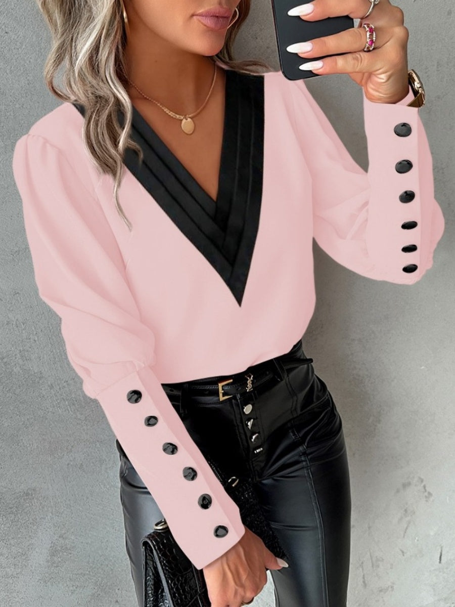 V-neck Solid Color Long-sleeved Button-down Women's Shirt