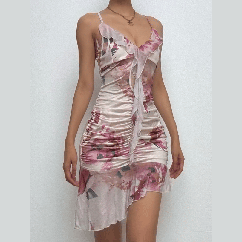 Ruffle v neck print ruched backless cami mini dress