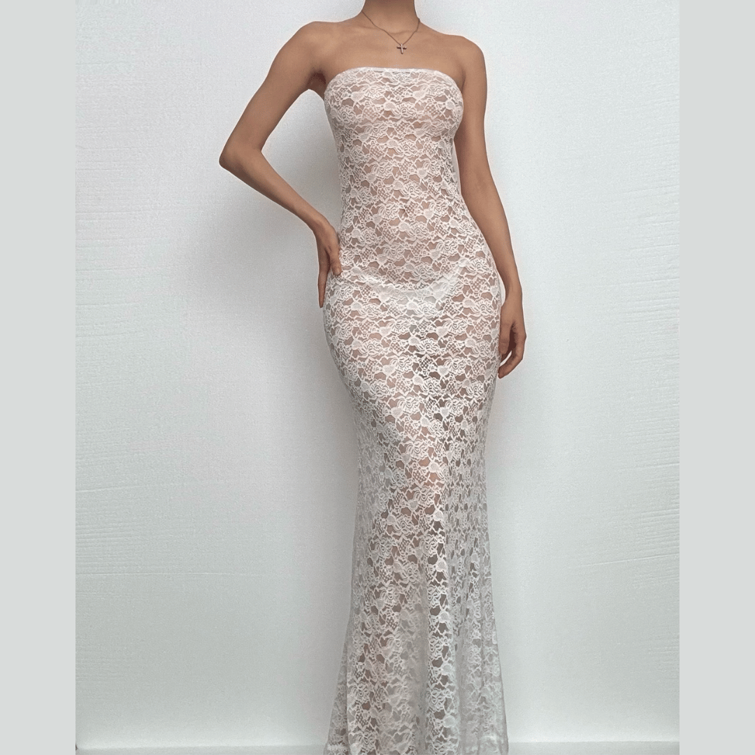 Lace see through solid tube maxi dress