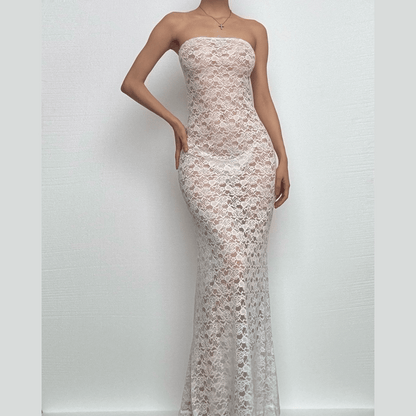 Lace see through solid tube maxi dress