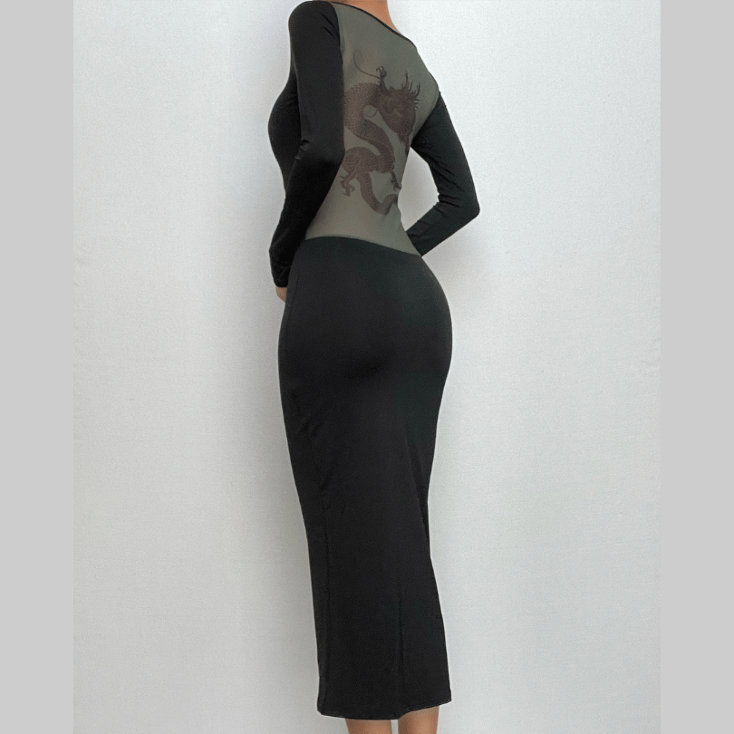 Long Sleeve Dragon Graphic Contrast Back Panel Bodycon Maxi Dress