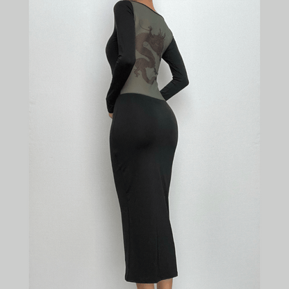Long Sleeve Dragon Graphic Contrast Back Panel Bodycon Maxi Dress