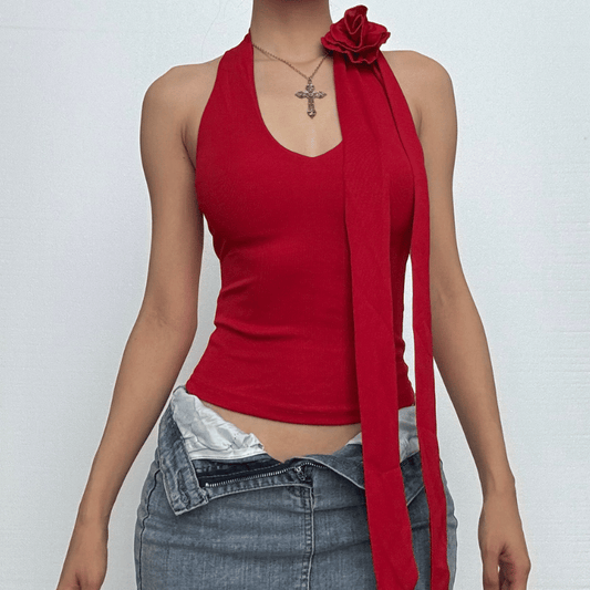 Halter backless flower applique solid top
