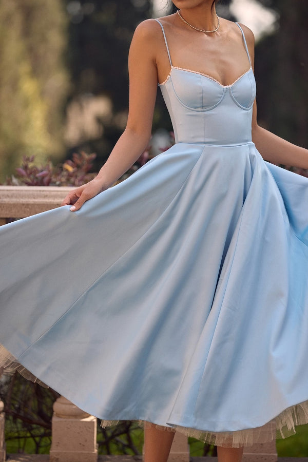 Lace Trim Sweetheart Corset Bodice Tulle Petticoat Fit and Flare Midi Dress
