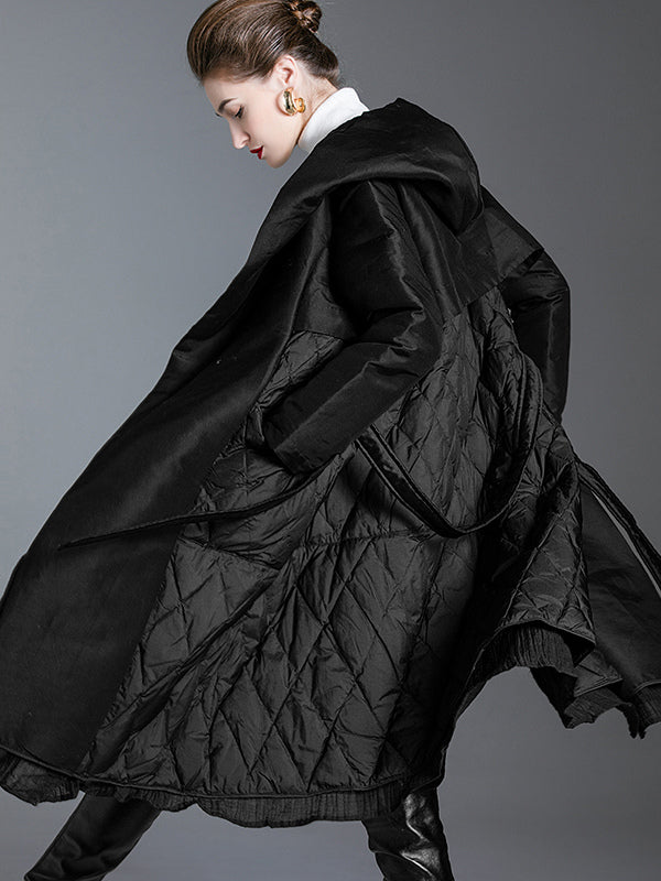 Black Down Coat Hooded Belted Long Winter Outerwear For Women