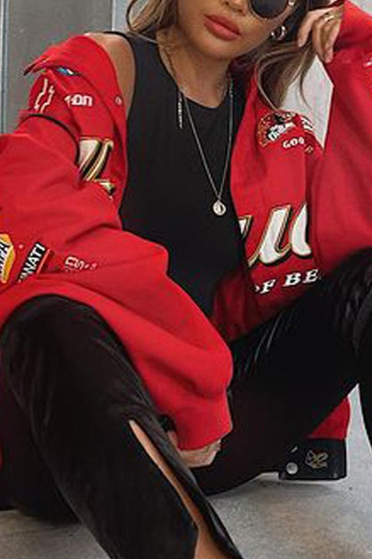 Casual Red Print Zip Jacket