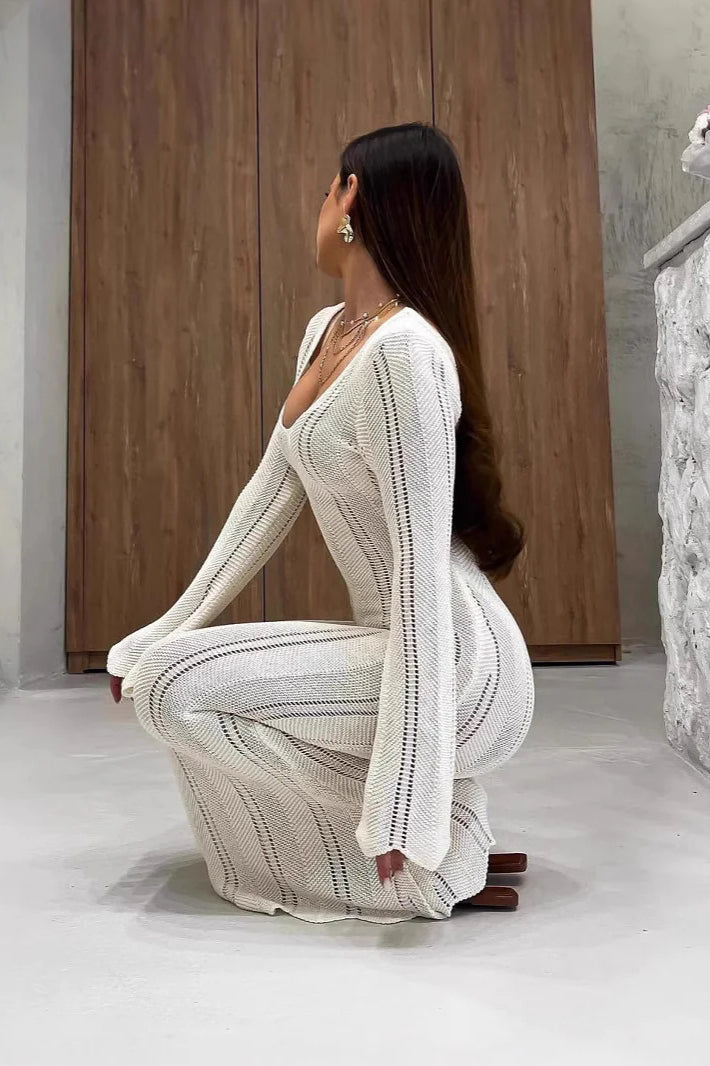 V-Neck Knitted Dress With Flared Sleeves & Hollow Hip-Wrap Maxi Dress