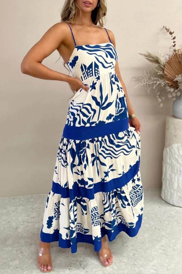 Elegant Ruffled With Floral Print Maxi Dress