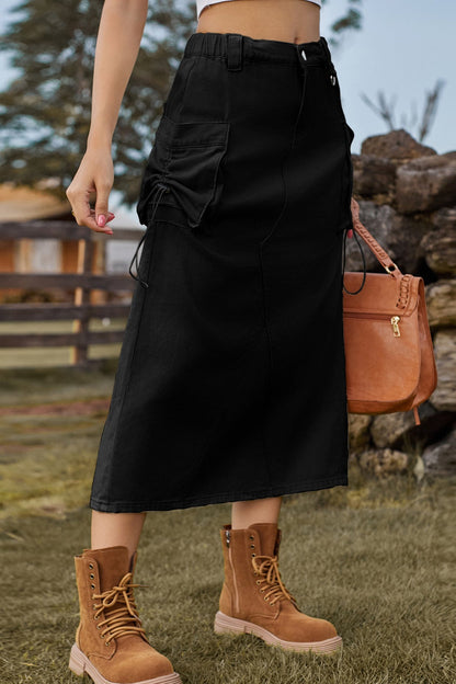 Vintage High-Waist Denim Cargo Midi Skirt