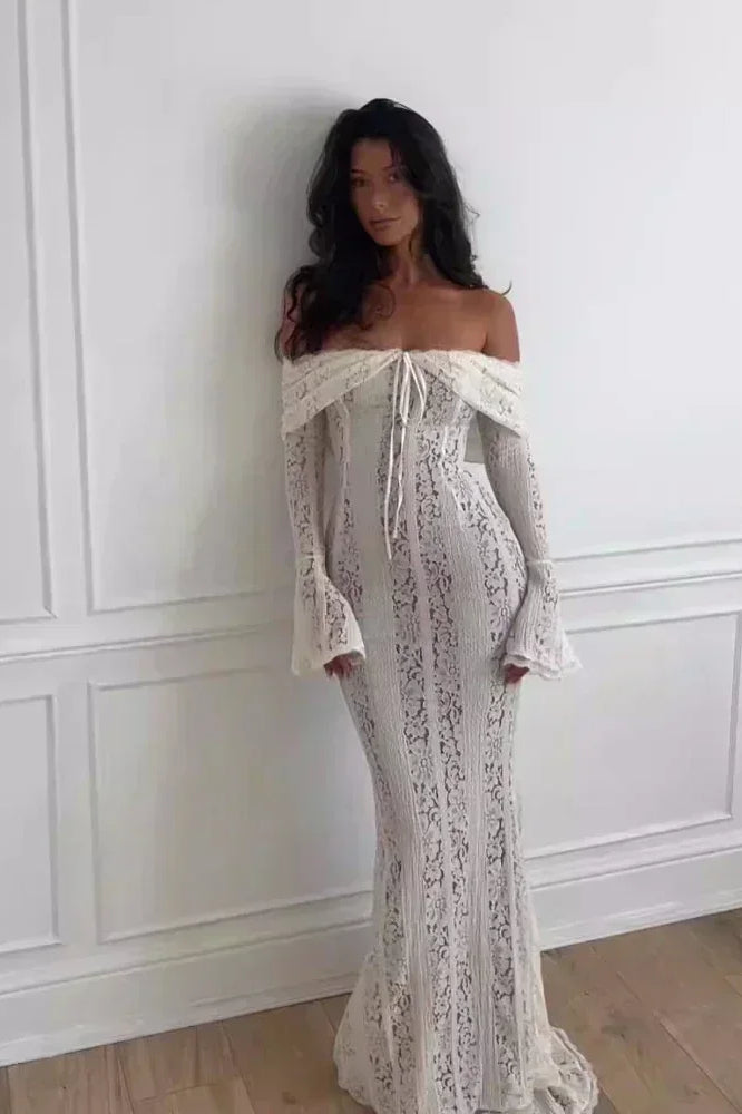 Off Shoulder Lace Drawstring Bust Bell Sleeve Mermaid Maxi Dress