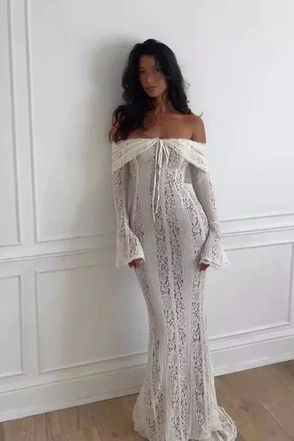 Off Shoulder Lace Drawstring Bust Bell Sleeve Mermaid Maxi Dress