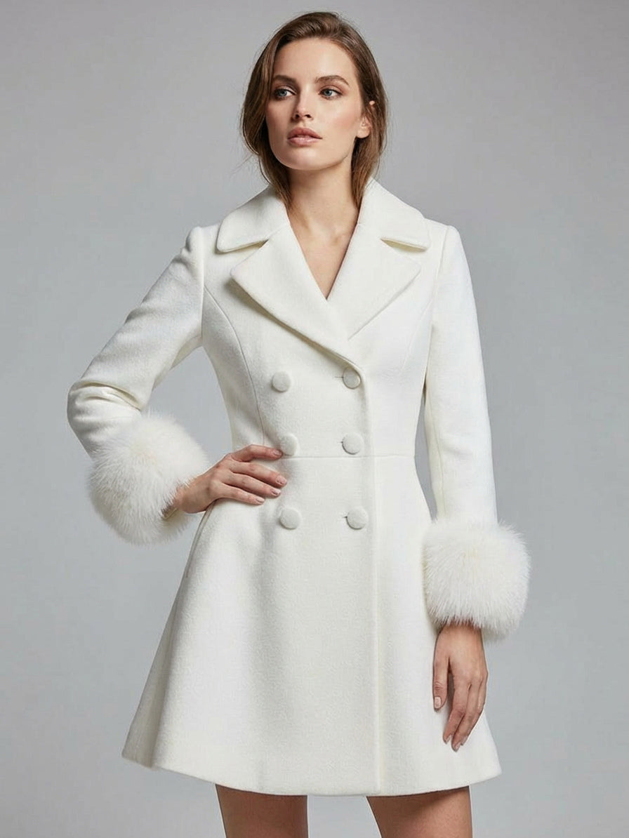 White double-breasted wool Blend coat with wide lapel And Faux fur cuffs For Women 2026