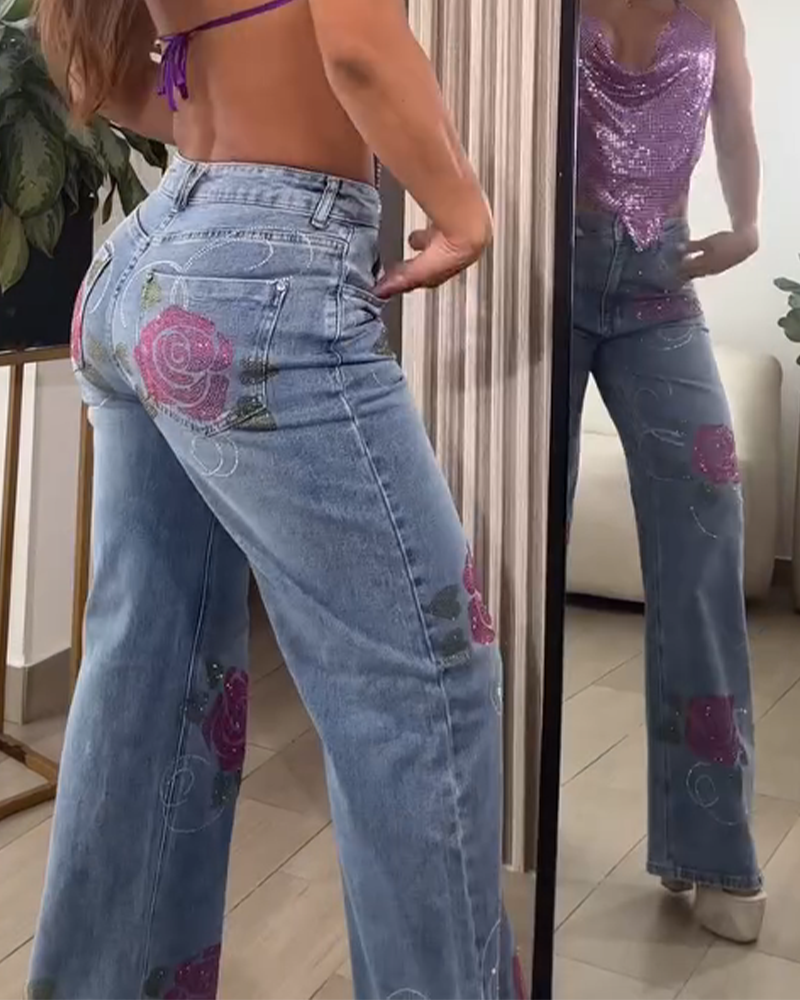 High-Waist Straight-Leg Rose-Patterned Diamond Jeans (Pre-Sale)