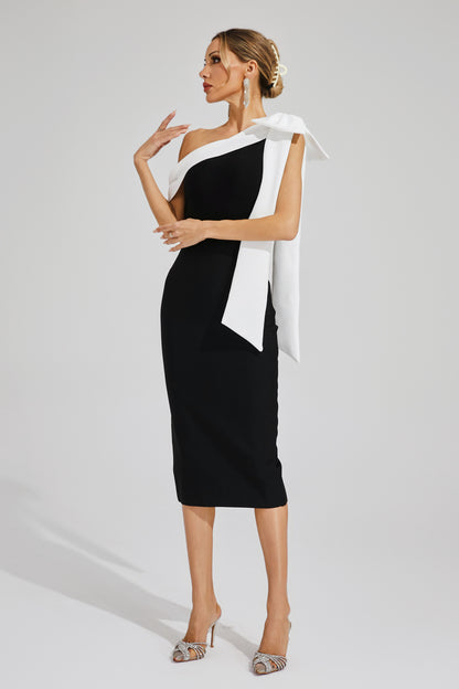 Braelyn Black Bow One Shoulder Bandage Dress