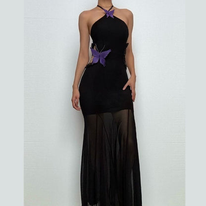 Halter butterfly applique hollow out mesh cut out maxi dress