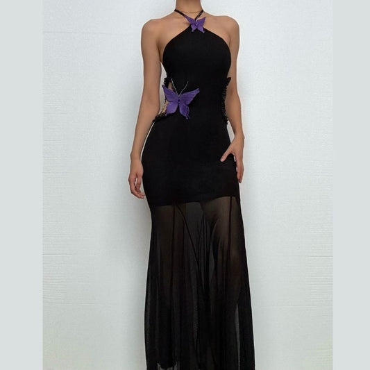 Halter butterfly applique hollow out mesh cut out maxi dress