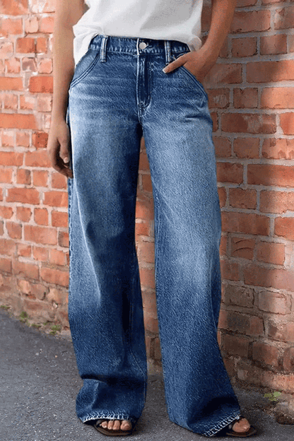 Stylish Pocket Casual Straight Wide Leg Women's Jeans
