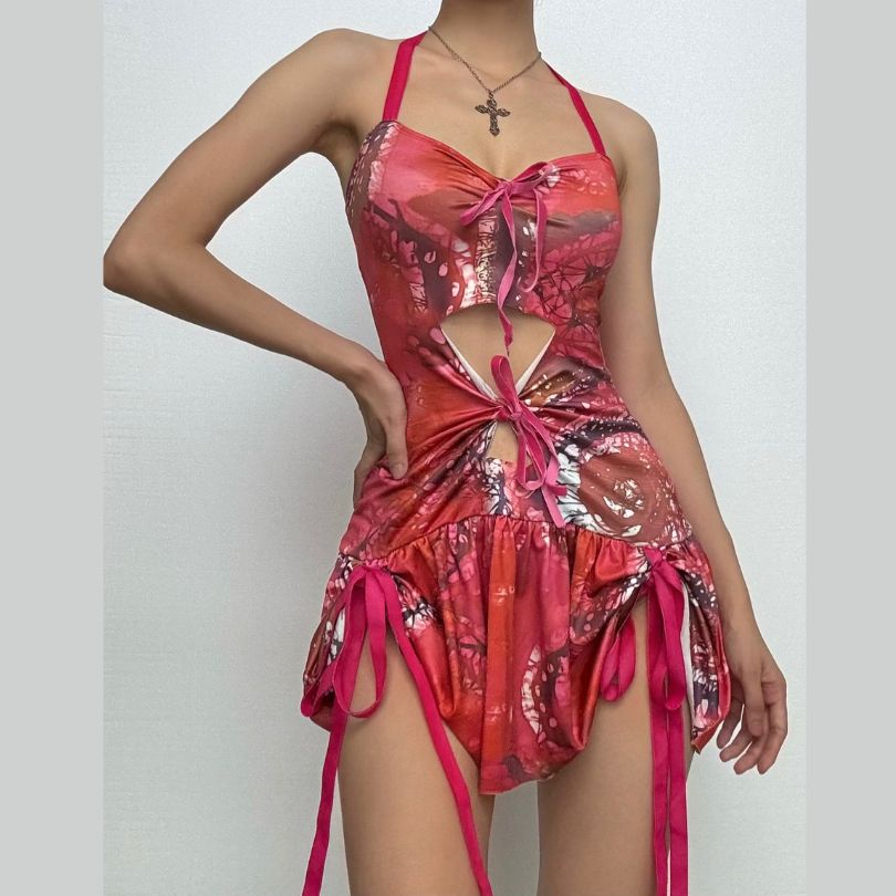 Halter self tie ruched hollow out print cut out mini dress