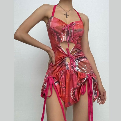 Halter self tie ruched hollow out print cut out mini dress