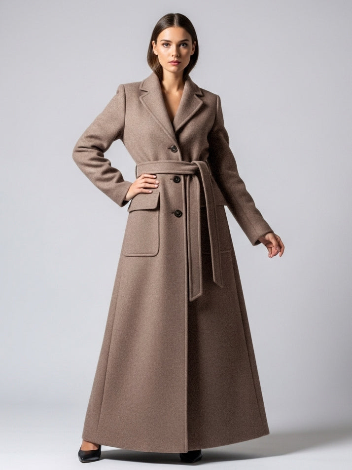 Belted Full Length Maxi Woolen Coat With Lapel And Big Pockets For Women 2026