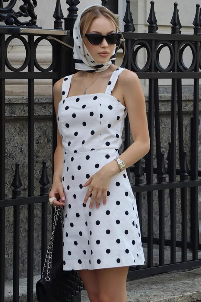 Square Neck Wide Strap Polka Dot Bodycon Mini Dress