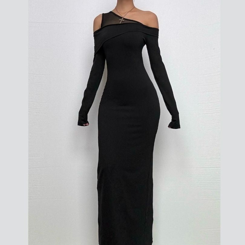Off shoulder long sleeve slit solid maxi dress