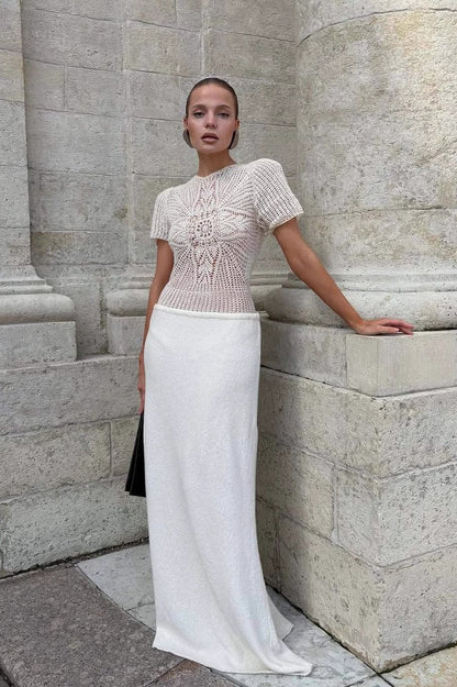 White Hollow Out Patchwork Maxi Dress