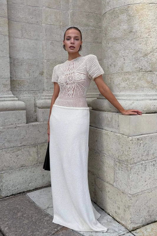 White Hollow Out Patchwork Maxi Dress