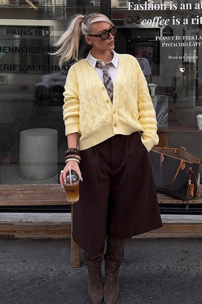 V-Neck Solid Color Single-Row Button Long-Sleeve Knit Cardigan