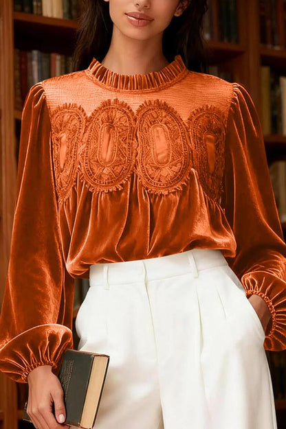 Fashionable Velvet and Lace Patchwork Loose Long-sleeved Top