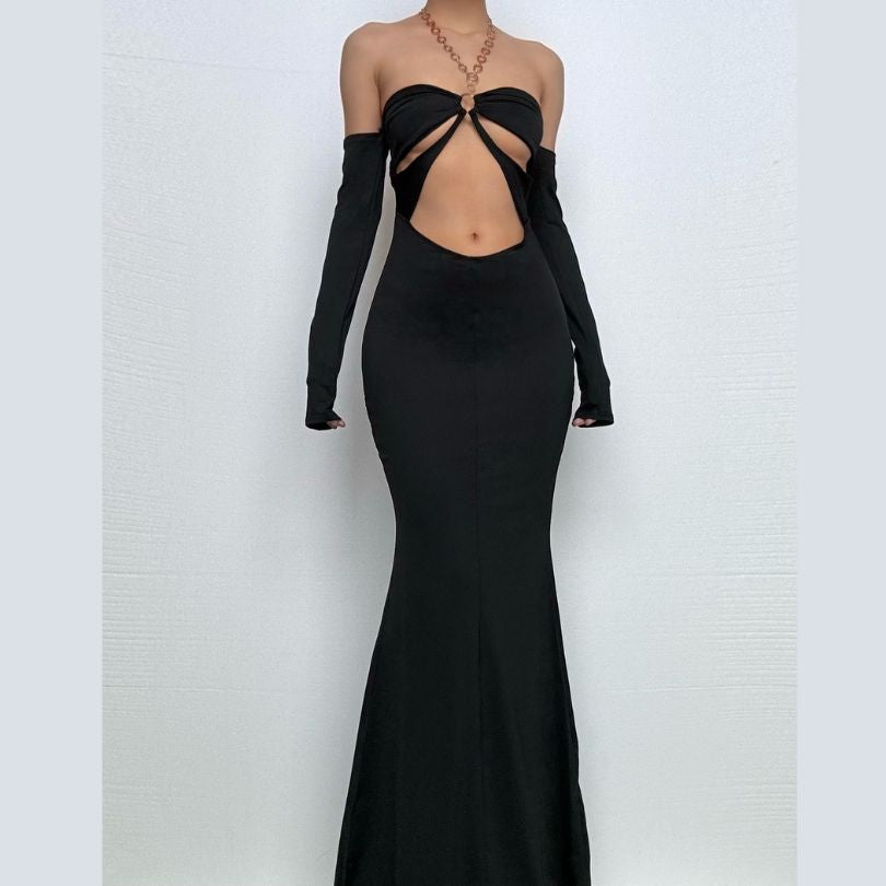 Off shoulder halter o ring hollow out metal chain cut out maxi dress