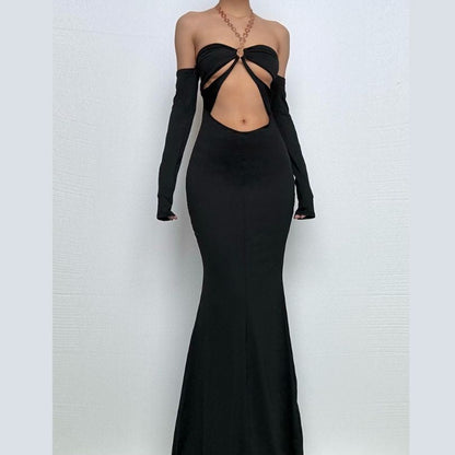 Off shoulder halter o ring hollow out metal chain cut out maxi dress