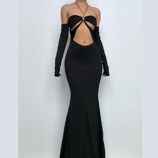 Off shoulder halter o ring hollow out metal chain cut out maxi dress