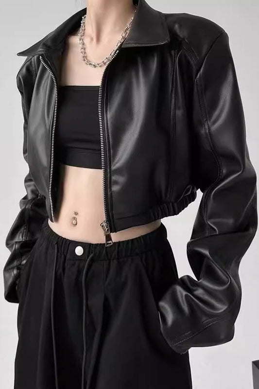 Turn Down Collar Biker Short Jacket